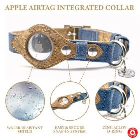 Apple Airtag Integrated Collar (Color: Denim & Cork, size: small)